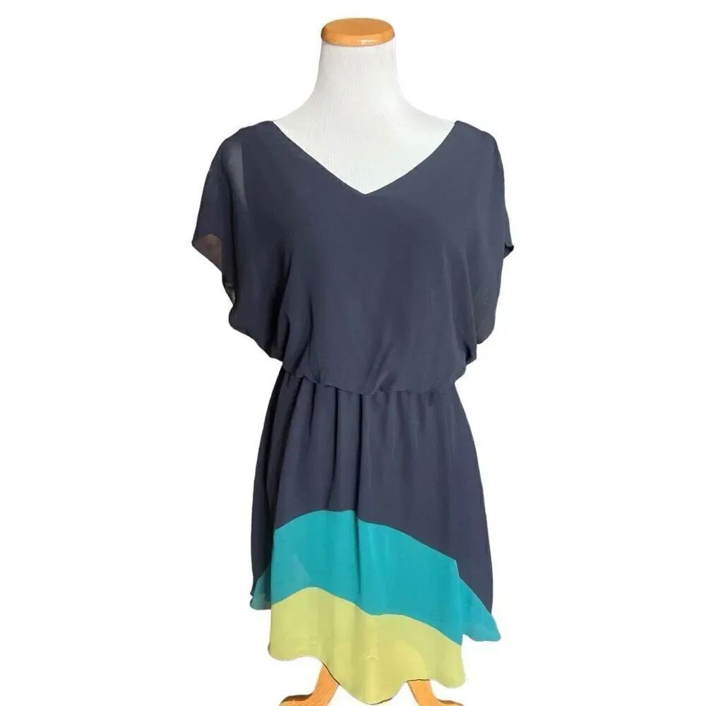 Womens Sweet Storm Flutter Sleeve Navy Blue Color Block Dress - Sz L